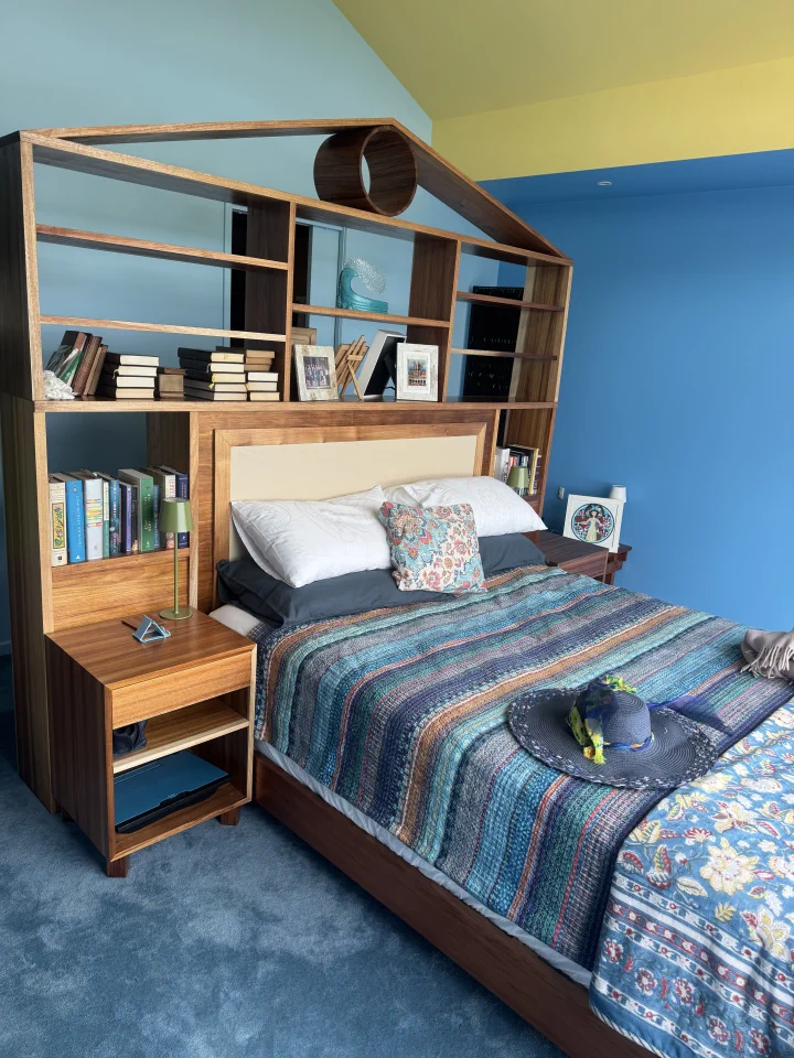 custom timber bedhead, storage and side tables