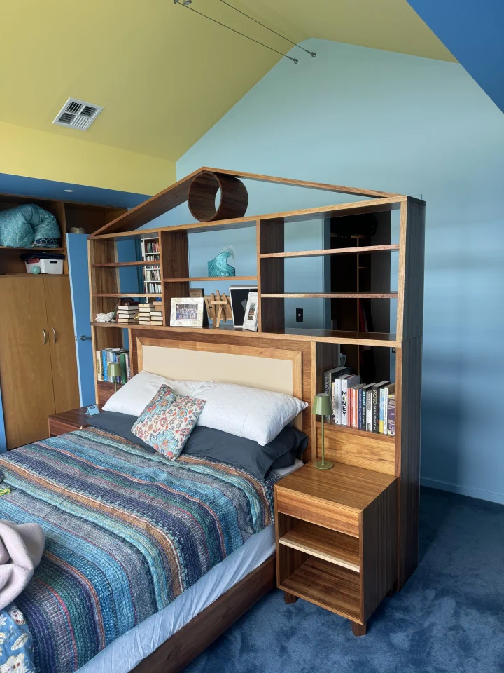 custom timber bedhead, storage and side tables