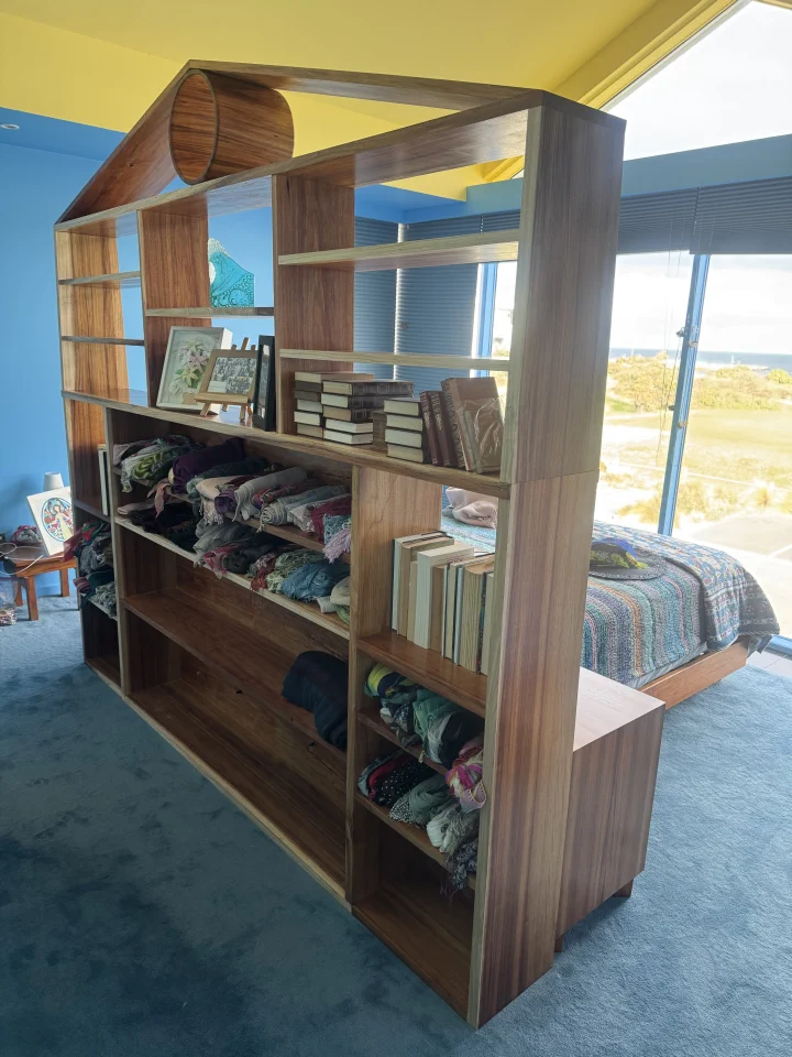 custom timber bedhead, storage and side tables